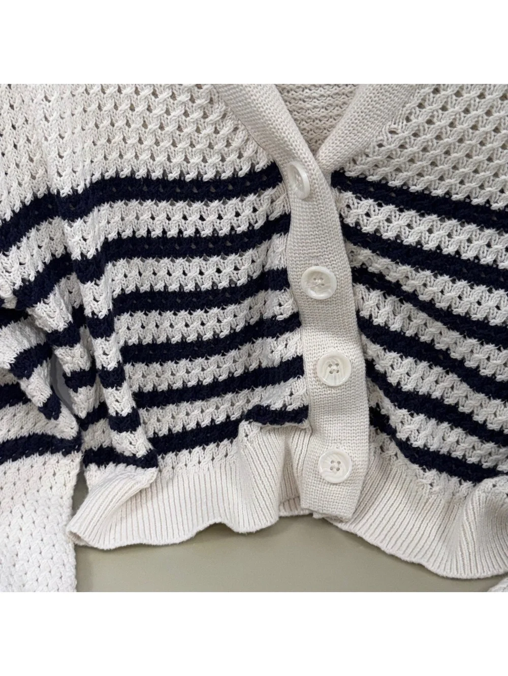 Gap Kids Girls L 10 Cream Navy Striped Open Knit Button Cardigan